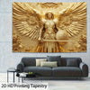 Golden tapestry of Archangel Michael with large feathered wings hanging above a modern sofa.