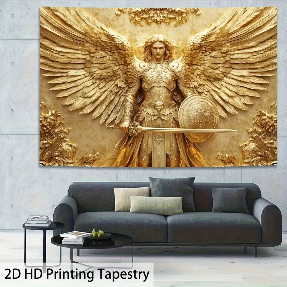 Golden tapestry of Archangel Michael with large feathered wings hanging above a modern sofa.