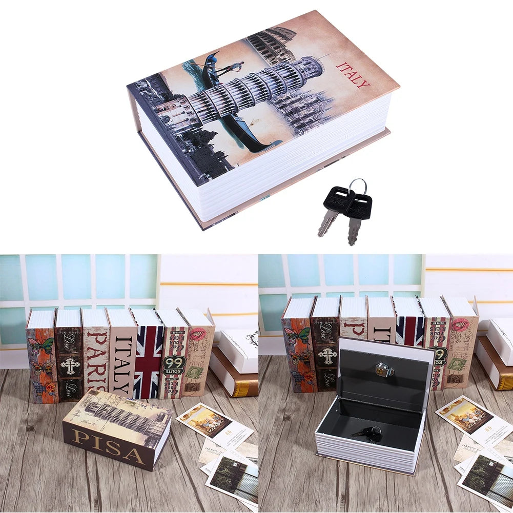 A stack of vintage-style books and a black lock box for valuables.