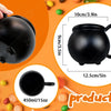 A black witch cauldron mug with a handle is shown next to its size specifications and surrounding treats.
