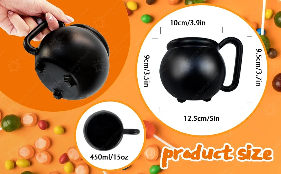 A black witch cauldron mug with a handle is shown next to its size specifications and surrounding treats.