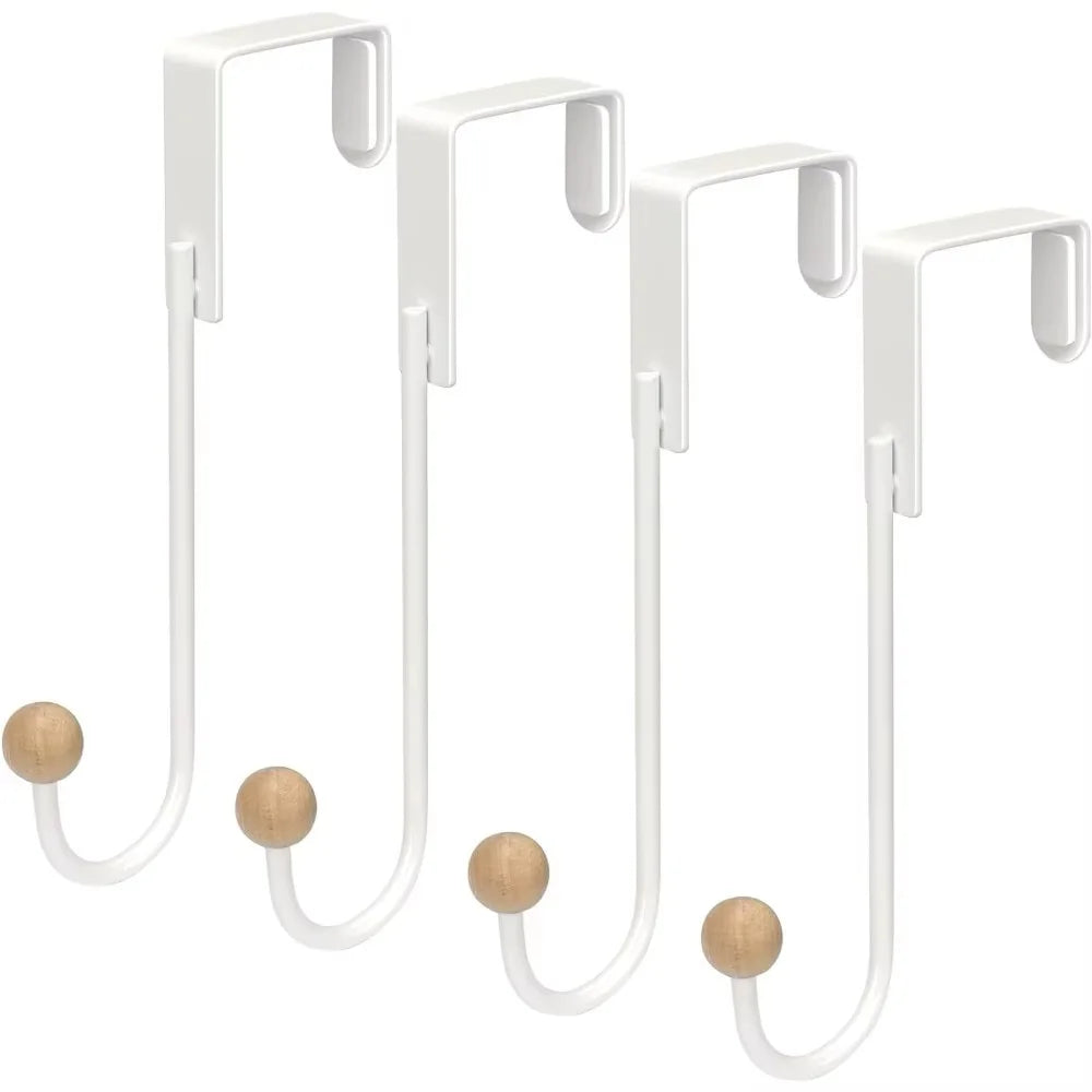 A set of four white heavy duty over-the-door hooks with hanging loops.