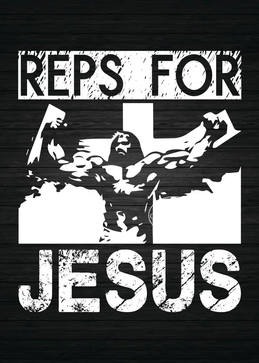 A black and white canvas print featuring the text REPS FOR JESUS in a distressed font with a cross design.