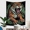 A dark illustration of a fierce orange and white tiger head with green accents.