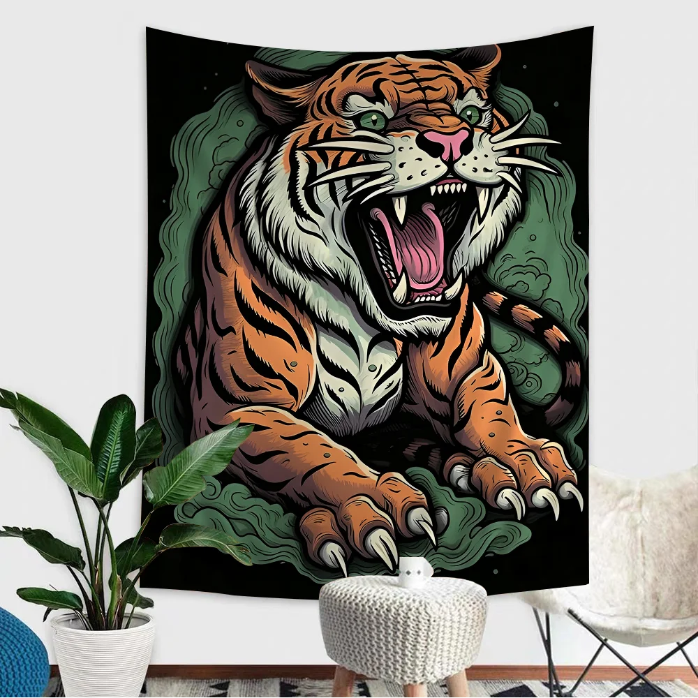 A dark illustration of a fierce orange and white tiger head with green accents.
