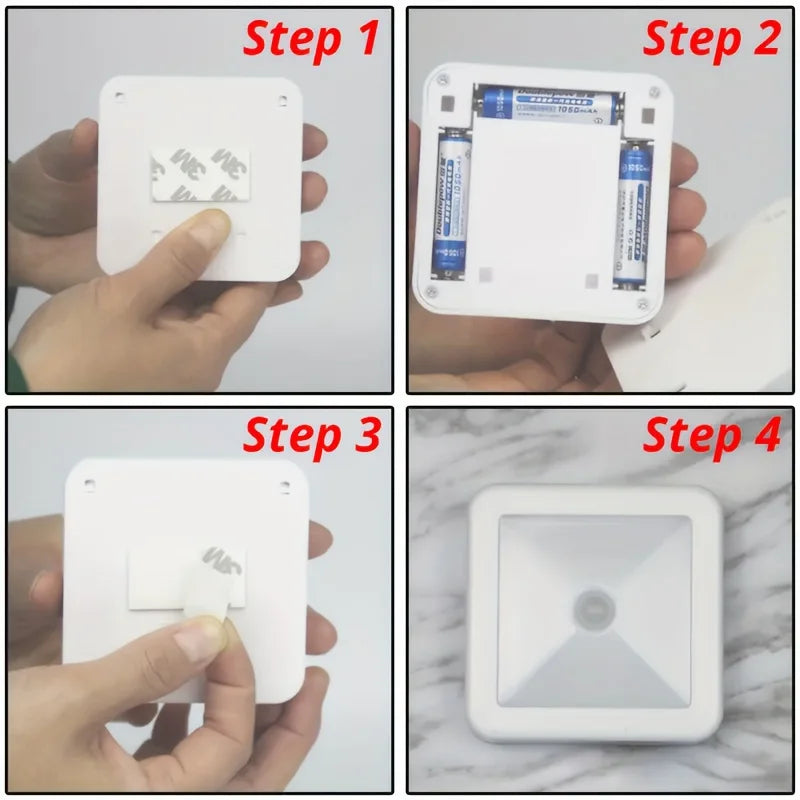 Four steps showing the assembly of a white motion sensor LED night light device.