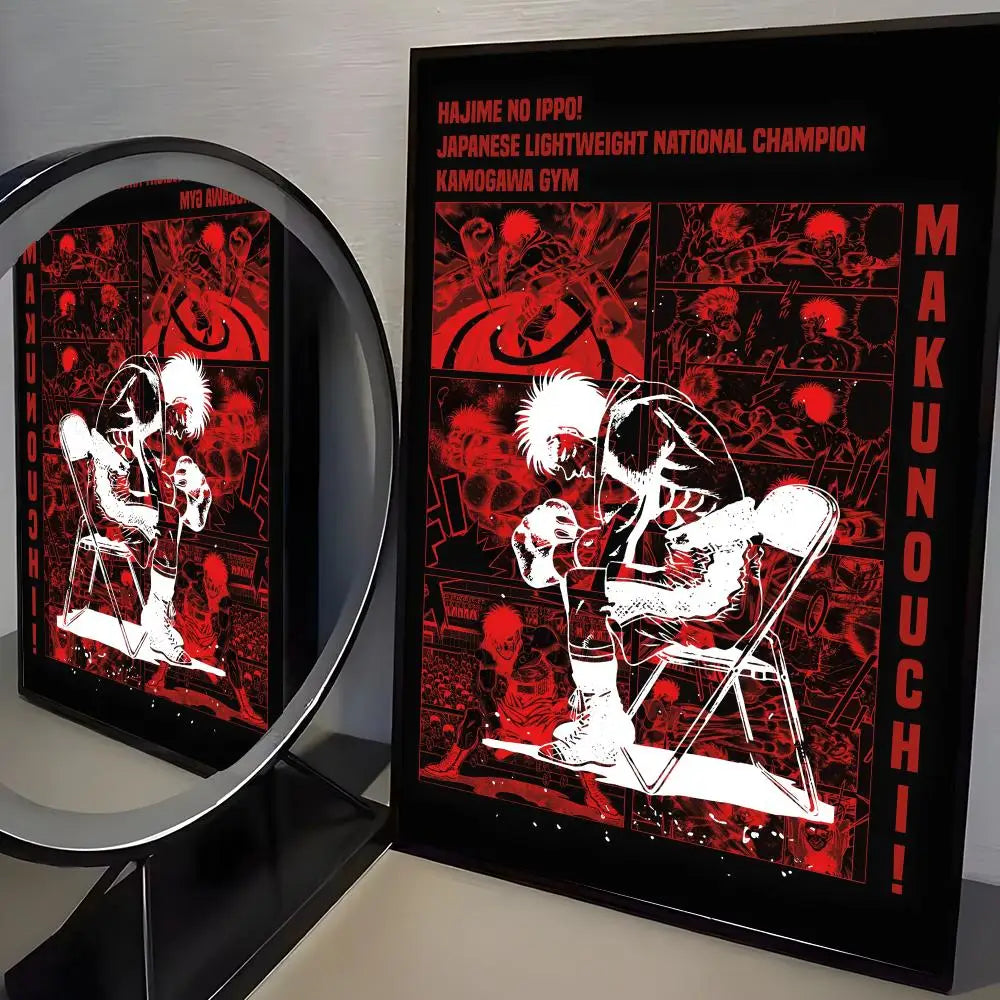 A framed poster featuring a red and black graphic of a Japanese lightweight boxing champion, Ippo, with text identifying him 
