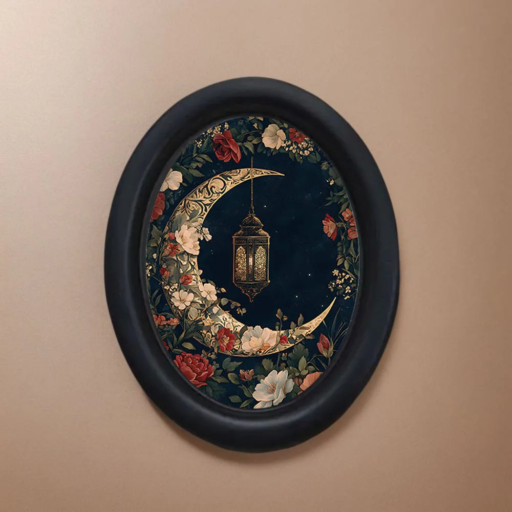 Gothic Victorian wall art featuring a dark blue moon and rose motif with an antique lantern hanging from it.