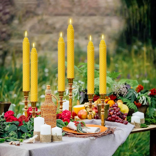 Hand-Rolled Beeswax Taper Candles with Honeycomb Design