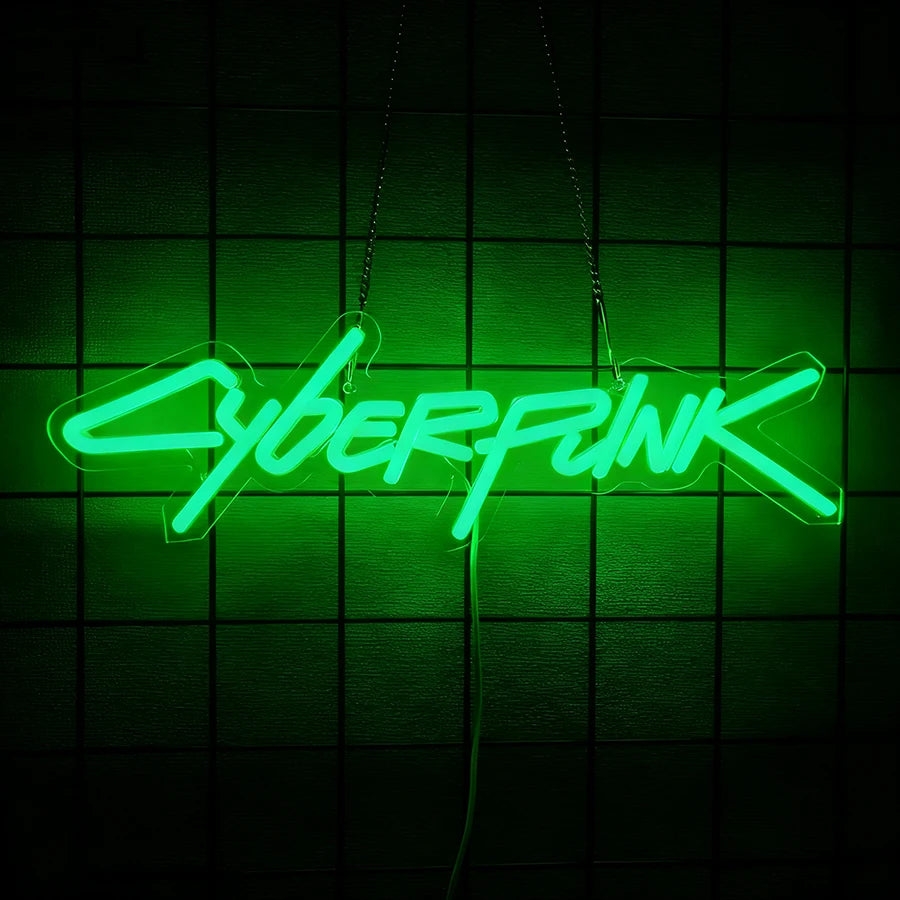 A neon green sign spelling out CYBERPUNK is suspended against a dark grid background.