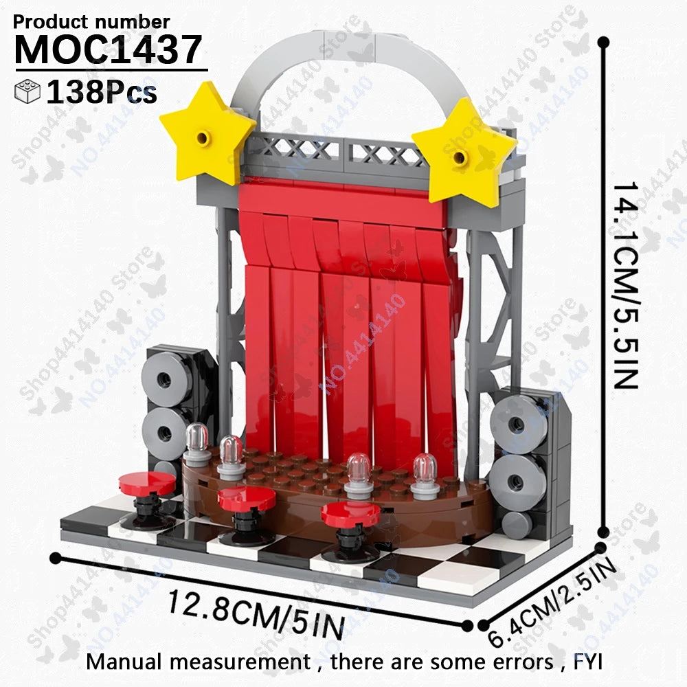 A red and gray building block set model of a Freddy Fazbear stage with a yellow star decoration.