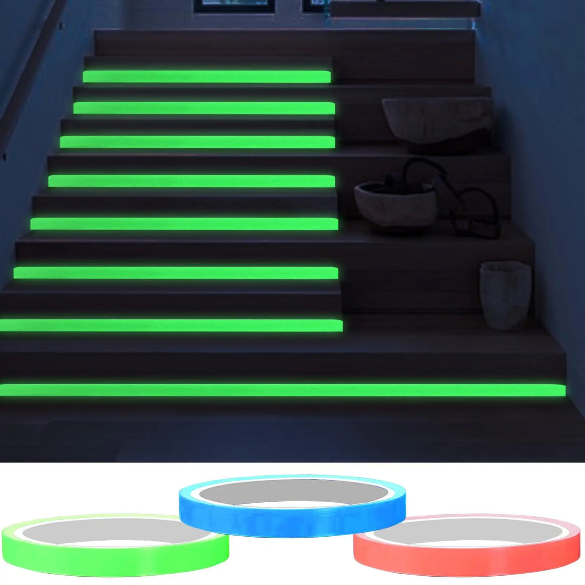 A set of glow-in-the-dark safety warning tape rolls in green, blue, and orange.
