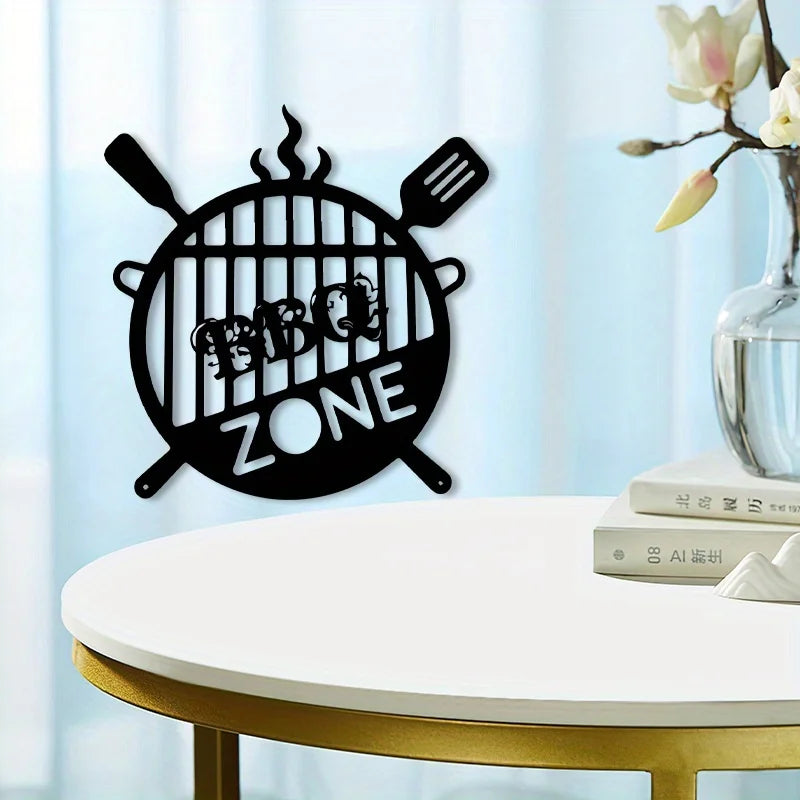 Black silhouette wall decor featuring a retro BBQ zone design with grill marks and BBQ text