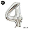Silver foil number balloon shaped like the number 4, measuring 32 inches.