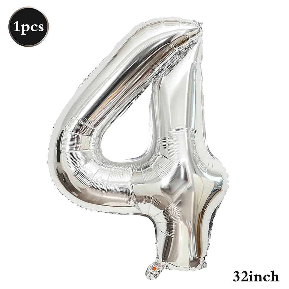 Silver foil number balloon shaped like the number 4, measuring 32 inches.