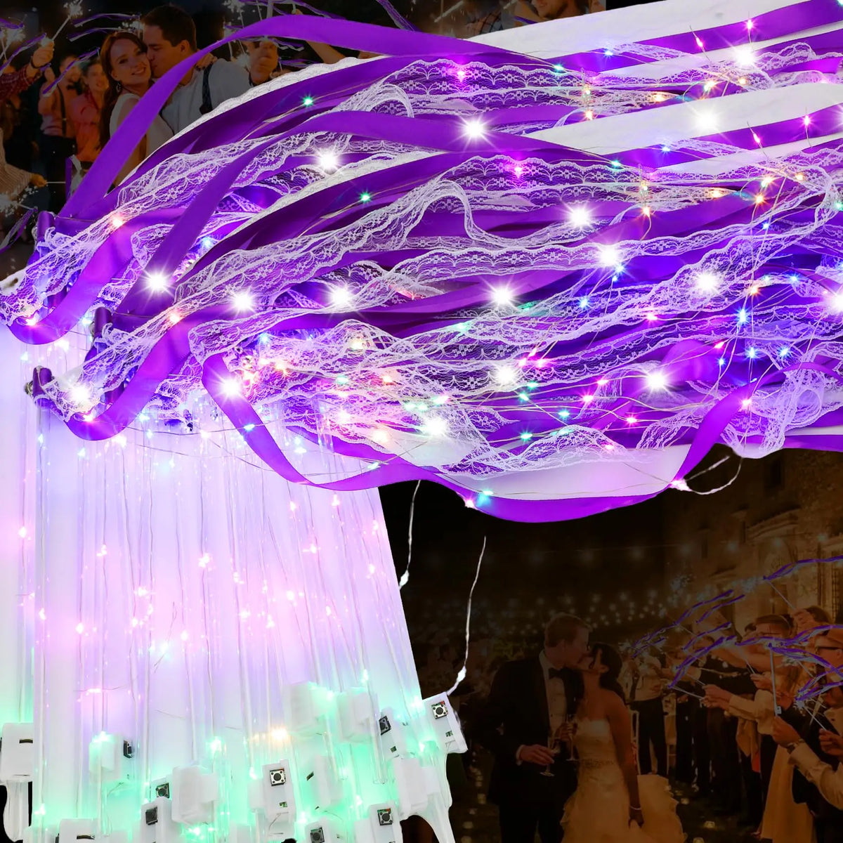 Purple LED glow wands with ribbons and bells are displayed against a dark background.