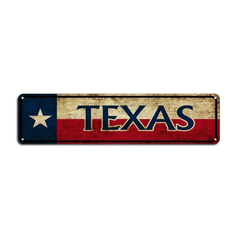 Rustic metal sign featuring the Texas flag design with the word TEXAS in large lettering.