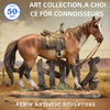 Resin artistic sculpture of a brown horse standing on a wooden fence in a western landscape.
