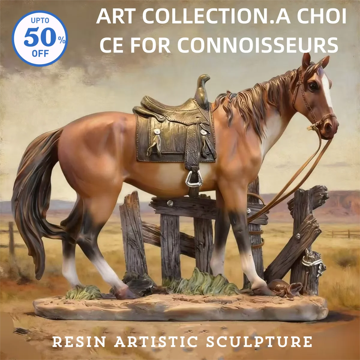 Resin artistic sculpture of a brown horse standing on a wooden fence in a western landscape.