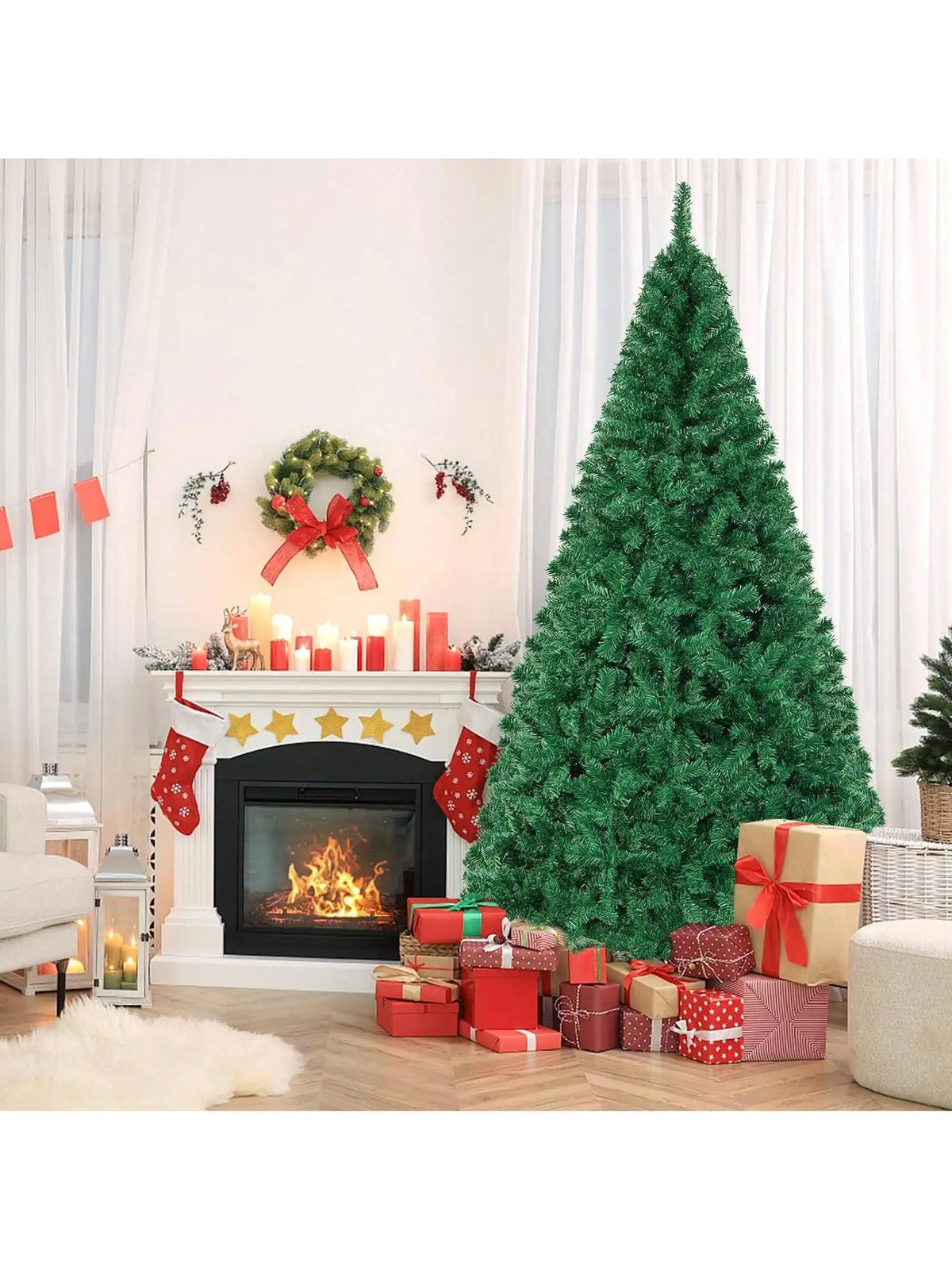 A tall green artificial Christmas tree decorated with lights and ornaments stands in a bright living room setting.