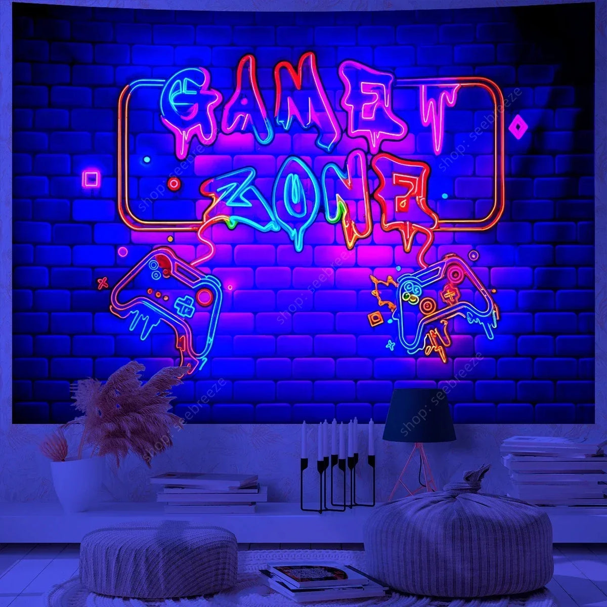A vibrant neon sign featuring the text GAMET ZONE displayed on a brick wall background.
