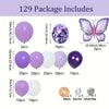 A collection of purple and white balloons, including various sizes and a butterfly shape, along with ribbon and glue dots for
