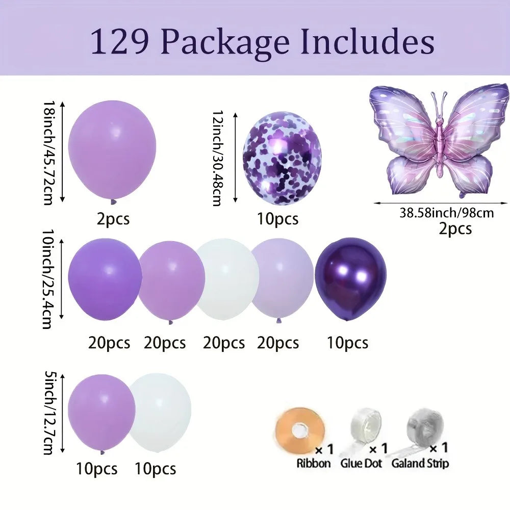 A collection of purple and white balloons, including various sizes and a butterfly shape, along with ribbon and glue dots for