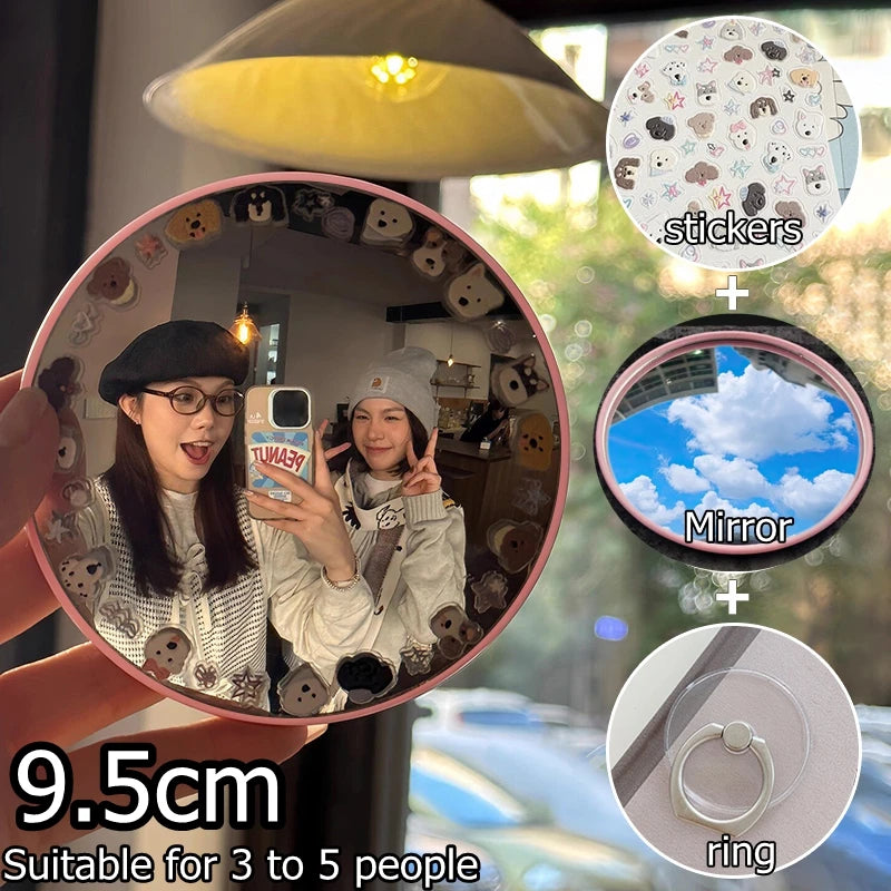 Round convex mirror with stickers, a mirror, and a ring shown in various contexts.