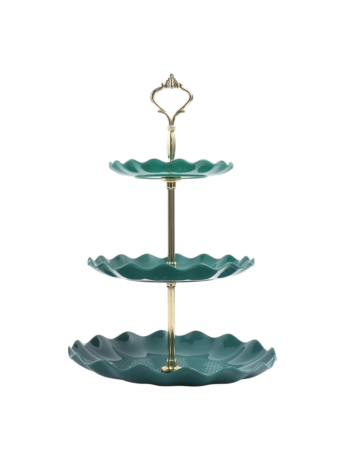 A two-tier serving stand with a gold-toned metal frame and two shallow, scalloped green ceramic plates.