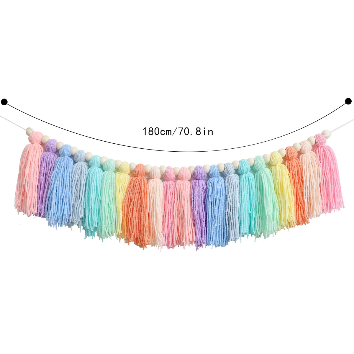 Handmade boho rainbow tassel garland featuring wooden beads in various pastel colors.