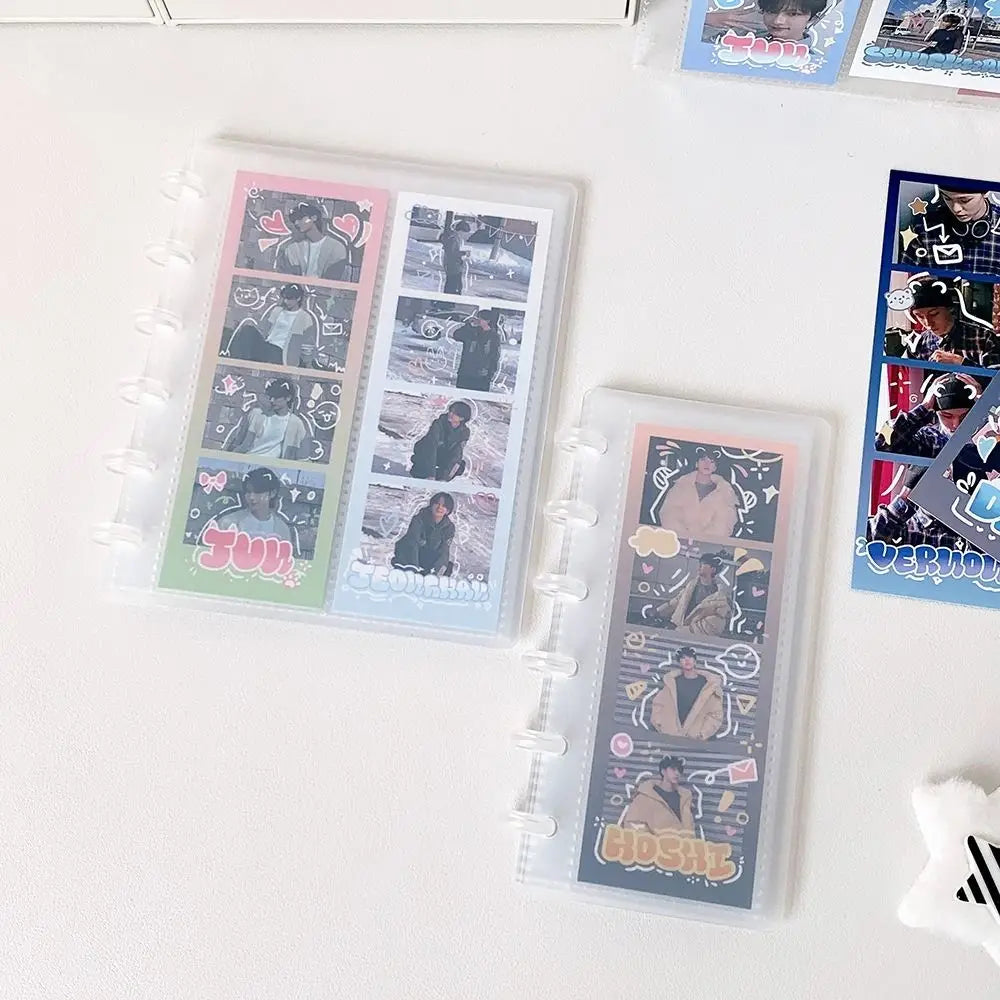 A transparent photocard album featuring various photos with a mushroom hole design.
