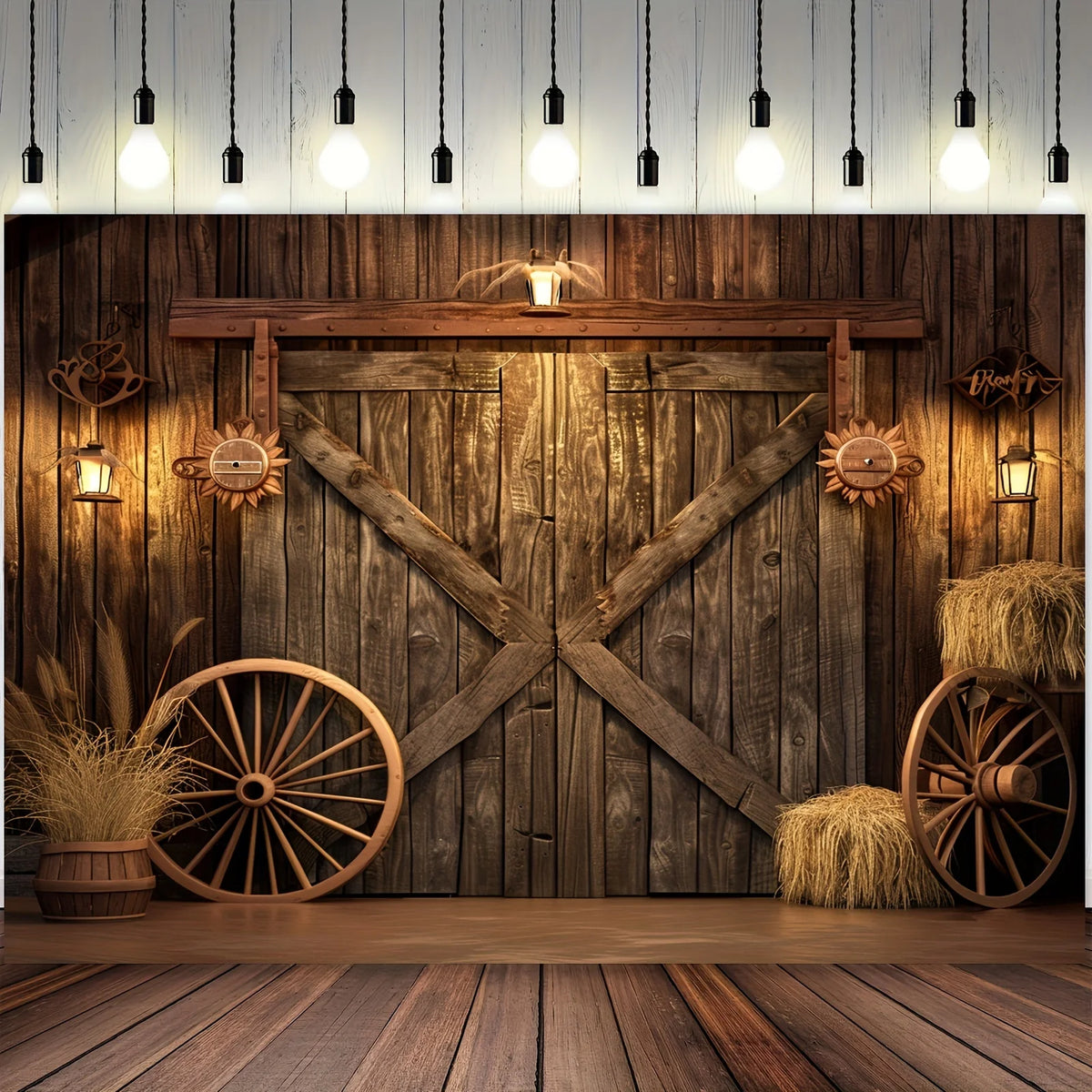 A rustic wooden backdrop featuring a weathered door, crossed wooden beams, and hanging light bulbs with decorative elements.