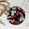 A circular button pin featuring a collage of punk band imagery and text on a black background.