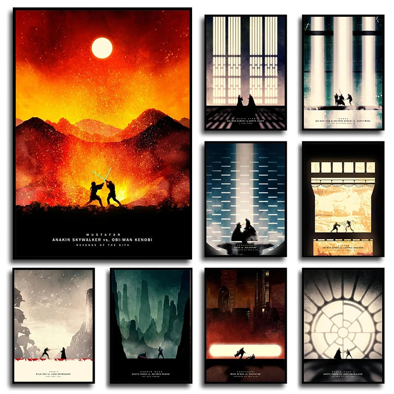 Colección de nueve impresiones en lienzo verticales con escenas dramáticas de películas pop e historias de fantasía.