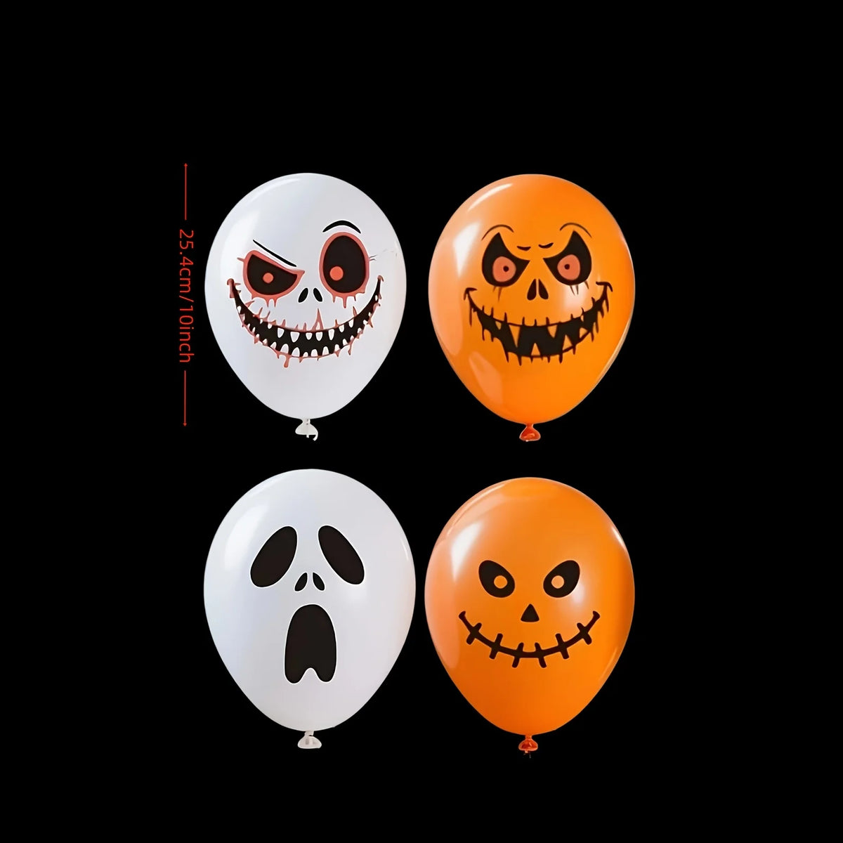 Two latex balloons, one white and one orange, featuring spooky, grinning jack-o'-lantern faces.
