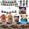 Monster truck birthday party decoration kit featuring a backdrop, cake, and various truck models.