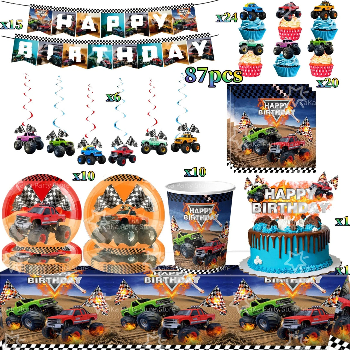 Monster truck birthday party decoration kit featuring a backdrop, cake, and various truck models.