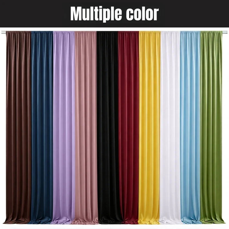 Multiple color vertical drapery backdrop featuring shades of blue, purple, pink, yellow, and green.