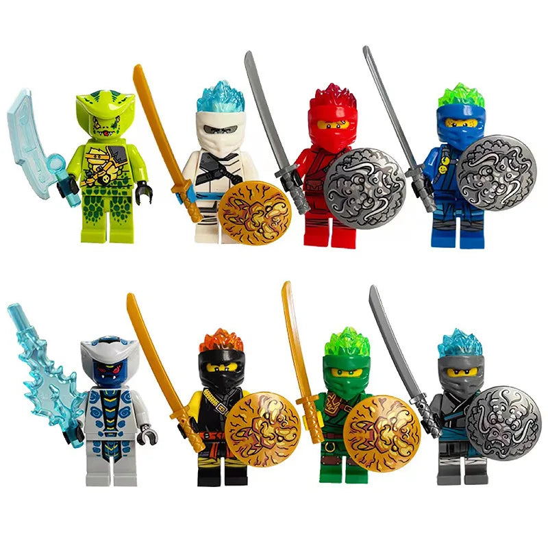 A collection of golden ninja building block figures in various colors and styles.