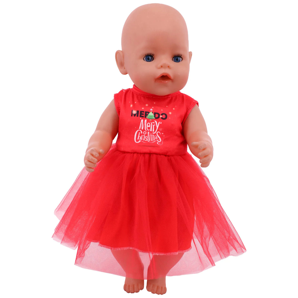 A baby doll with light skin and blue eyes wearing a red Christmas outfit set.