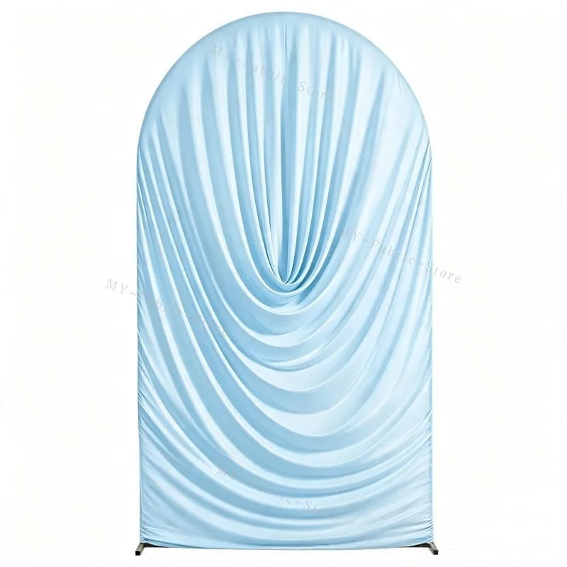 Light blue stretchy spandex arch cover draped in soft folds for weddings and events