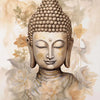A watercolor painting of a meditating Buddha with a textured crown, surrounded by soft floral elements.