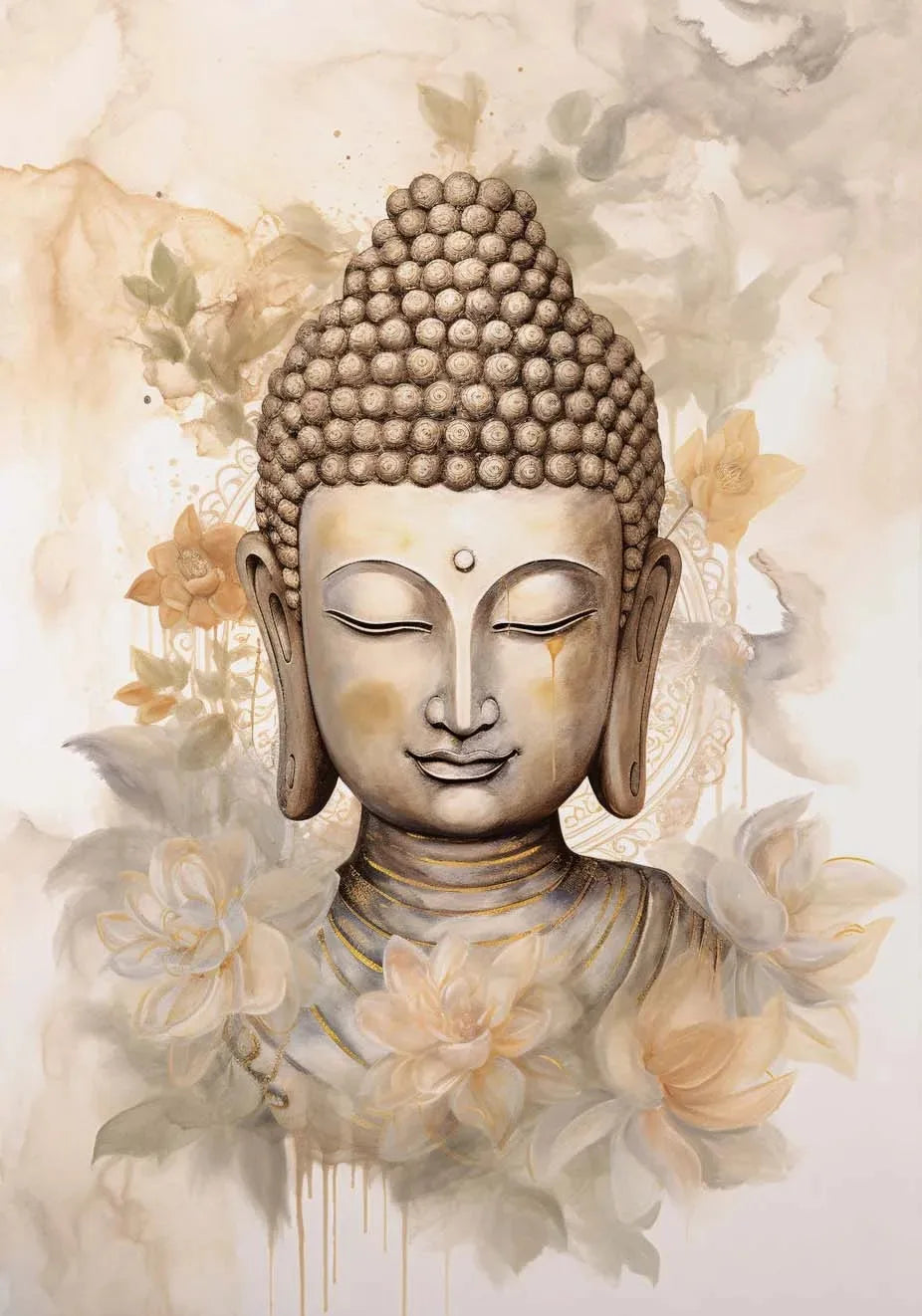 A watercolor painting of a meditating Buddha with a textured crown, surrounded by soft floral elements.