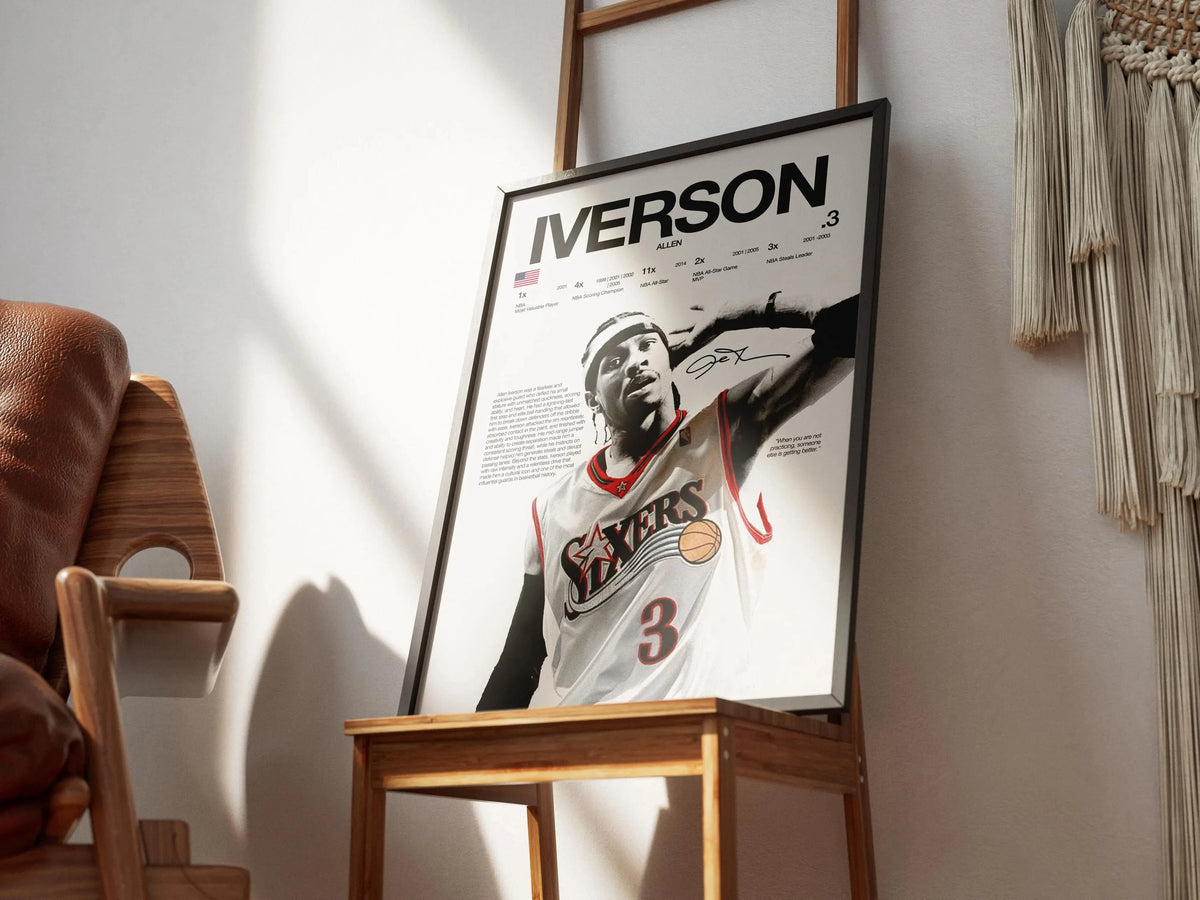 A framed canvas wall art poster featuring a black and white portrait of an athlete, titled IVERSON 3.