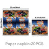 A set of 20 paper napkins for a monster truck birthday party decoration kit featuring a backdrop and truck images.