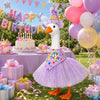 A white goose costume with a purple tutu and colorful decorations stands in a grassy outdoor setting.