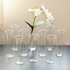A collection of crystal clear cylinder glass vases with white flowers and green leaves