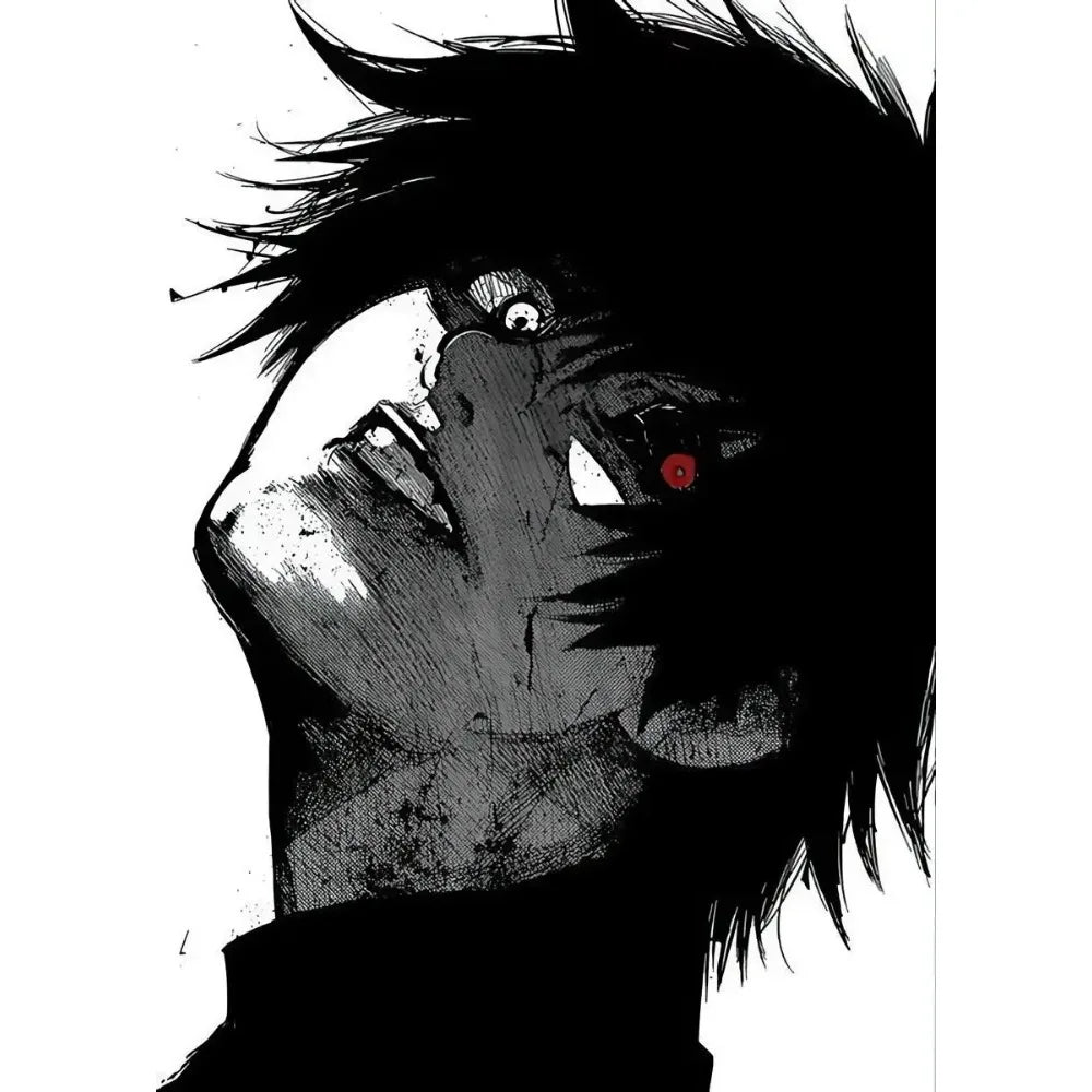 A close-up illustration of a dark-haired character with intense eyes, resembling a Tokyo Ghoul anime style.