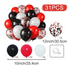 A kit of 31 balloons in red, black, and white with confetti accents for party decor.