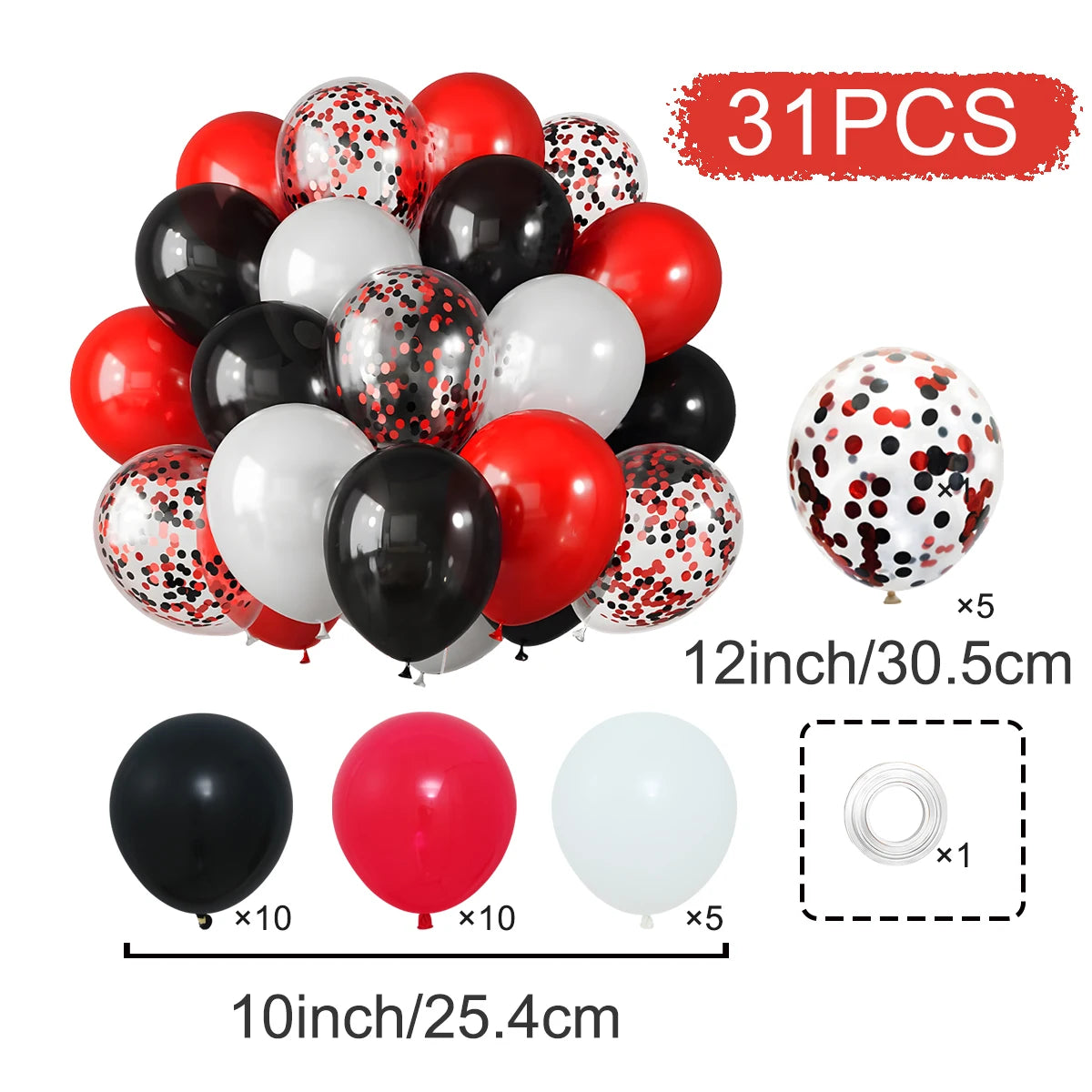 A kit of 31 balloons in red, black, and white with confetti accents for party decor.